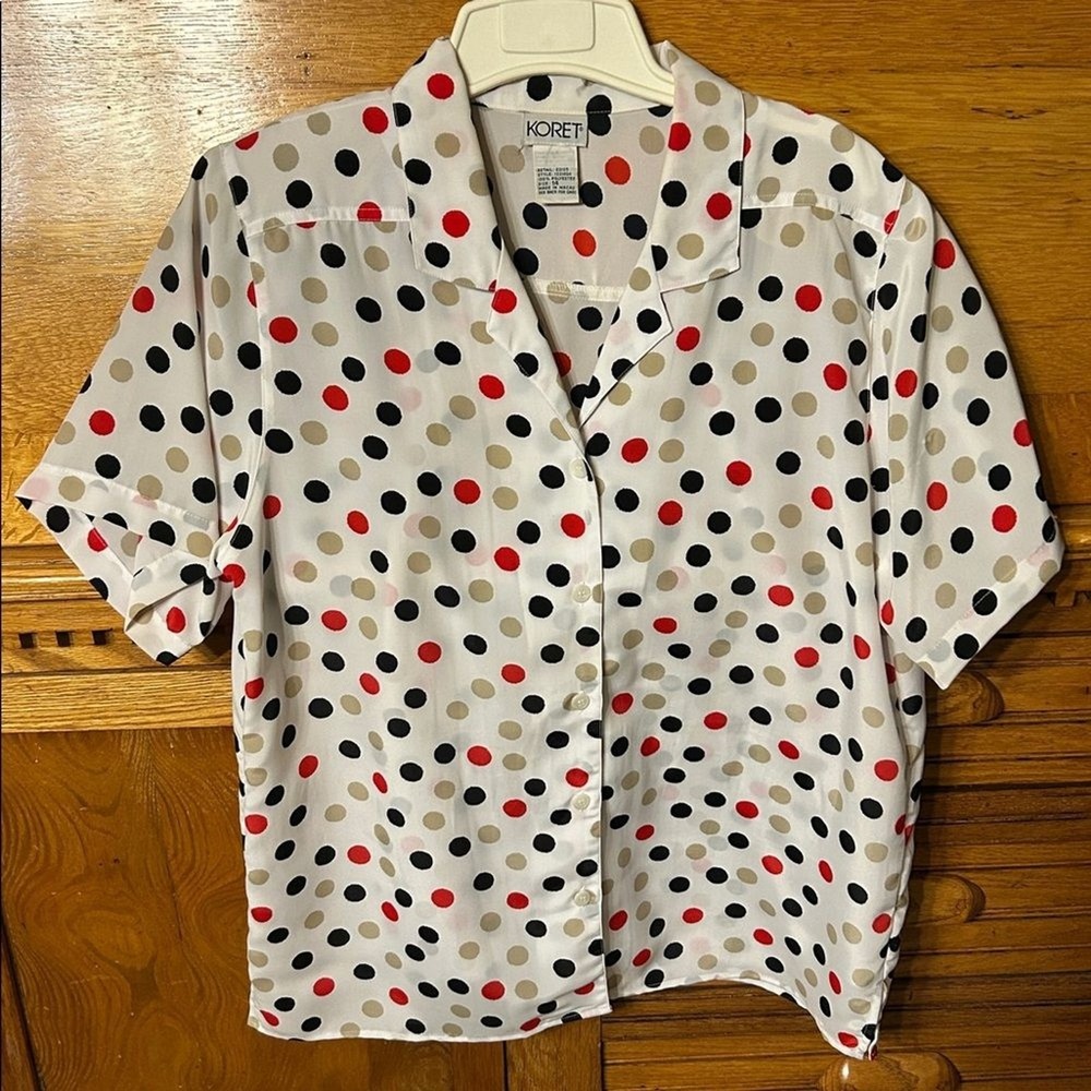 Koret 90s Preppy Polka Dot Button Down Blouse Vintage Americana Short Sleeve